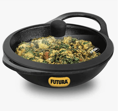 Hawkins Futura 2 Litre Cast Iron Kadhai, Naturally Nonstick Cast Iron Kadai with Glass Lid, Cast Iron Cookware for Kitchen, Black (CIK20G)