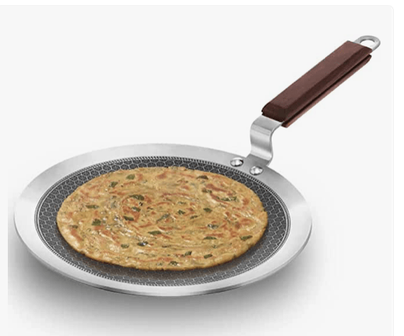Hawkins 26 cm Paratha Tava, Triply Stainless Steel Shielded Nonstick Tawa with Rosewood Handle, Honeycomb Non Stick Induction Tawa, Silver (NSPT26)