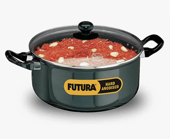 Hawkins Futura 5 Litre Cook n Serve Stewpot, Hard Anodised Sauce Pan with Glass Lid, Cooking Pot with Two Handles, Black (AST50G)