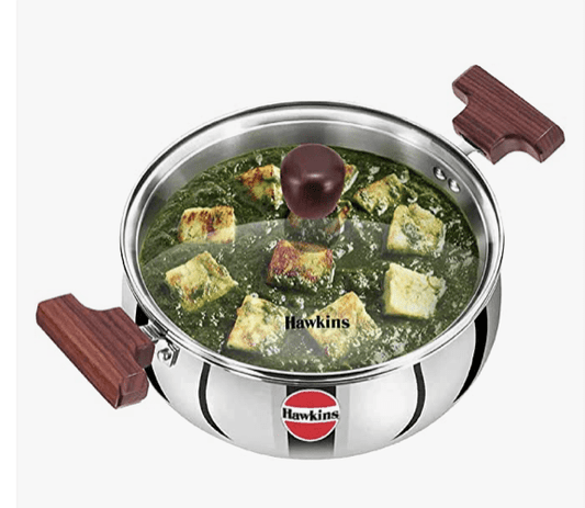 Hawkins 3 Litre Cook n Serve Handi, Triply Stainless Steel Handi with Glass Lid, Induction Sauce Pan, Biryani Handi, Saucepan, Silver (SSH30G)