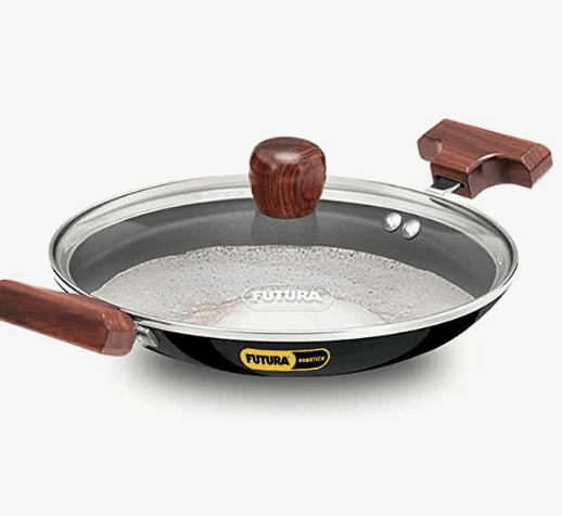 Hawkins FUTURA 0.9 Litre Breakfast Pan with Glass Lid, Nonstick Cookware, Appachatty, Chetty Pan, Appam Patra, Round Bottom Kadai, Black (NBFP09G) - 217 mm