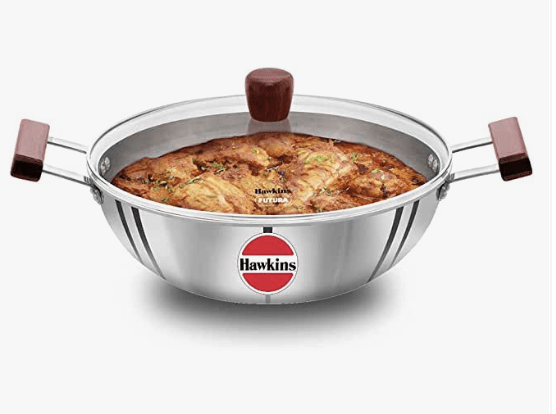 Hawkins 5 Litre Deep Kadhai, Triply Stainless Steel Kadai with Glass Lid, Flat Bottom Induction Deep Kadhai, Big Kadai, Silver (SSK50G)
