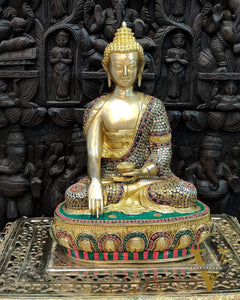 Hand-Carved Brass Buddha Statue - Earth Touching Mudra, 16"