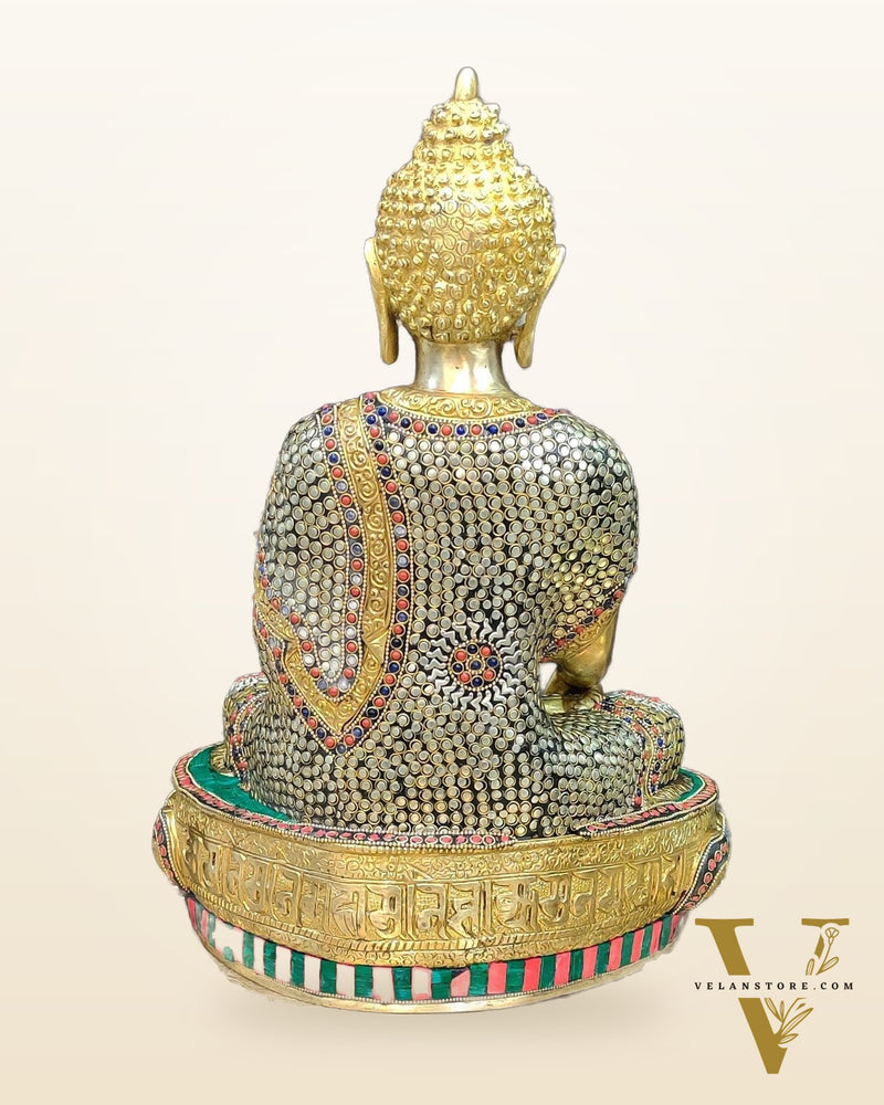 Hand-Carved Brass Buddha Statue - Earth Touching Mudra, 16"