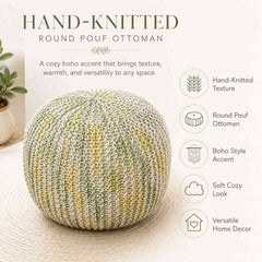 Hand-Knitted Boho Round Pouf Ottoman | Round pouf for modern home interiors | Bohemian style pouf ottoman seat