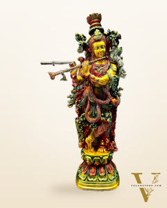 Hand-painted Brass Krishna Idol - Divine Beauty and Grace 29"