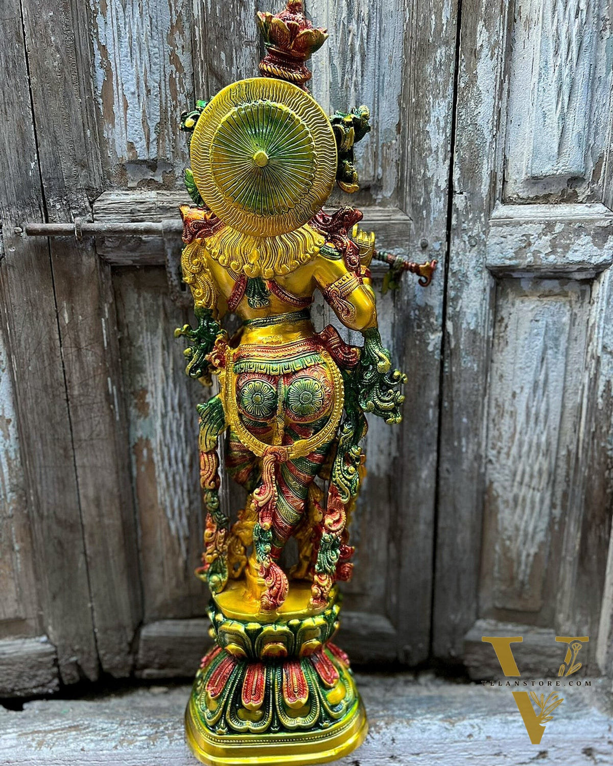 Hand-painted Brass Krishna Idol - Divine Beauty and Grace 29"