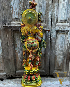 Hand-painted Brass Krishna Idol - Divine Beauty and Grace 29"
