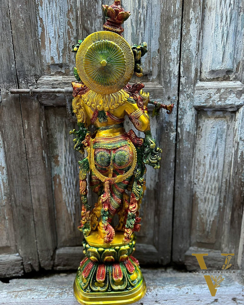Hand-painted Brass Krishna Idol - Divine Beauty and Grace 29"