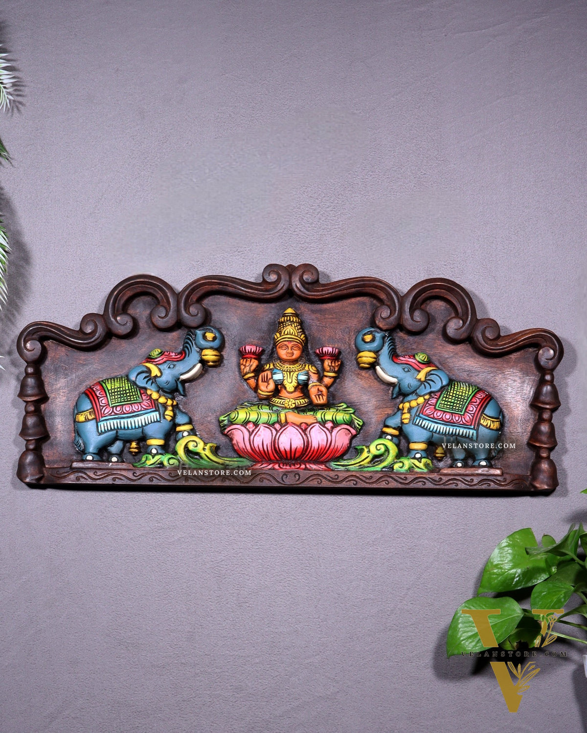 Hand-Painted Wooden Gajalakshmi Wall Hanging Panel – 24 Inch