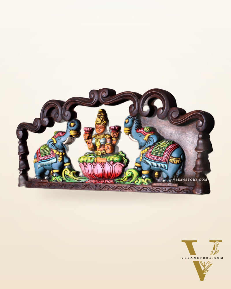 Hand-Painted Wooden Gajalakshmi Wall Hanging Panel – 24 Inch