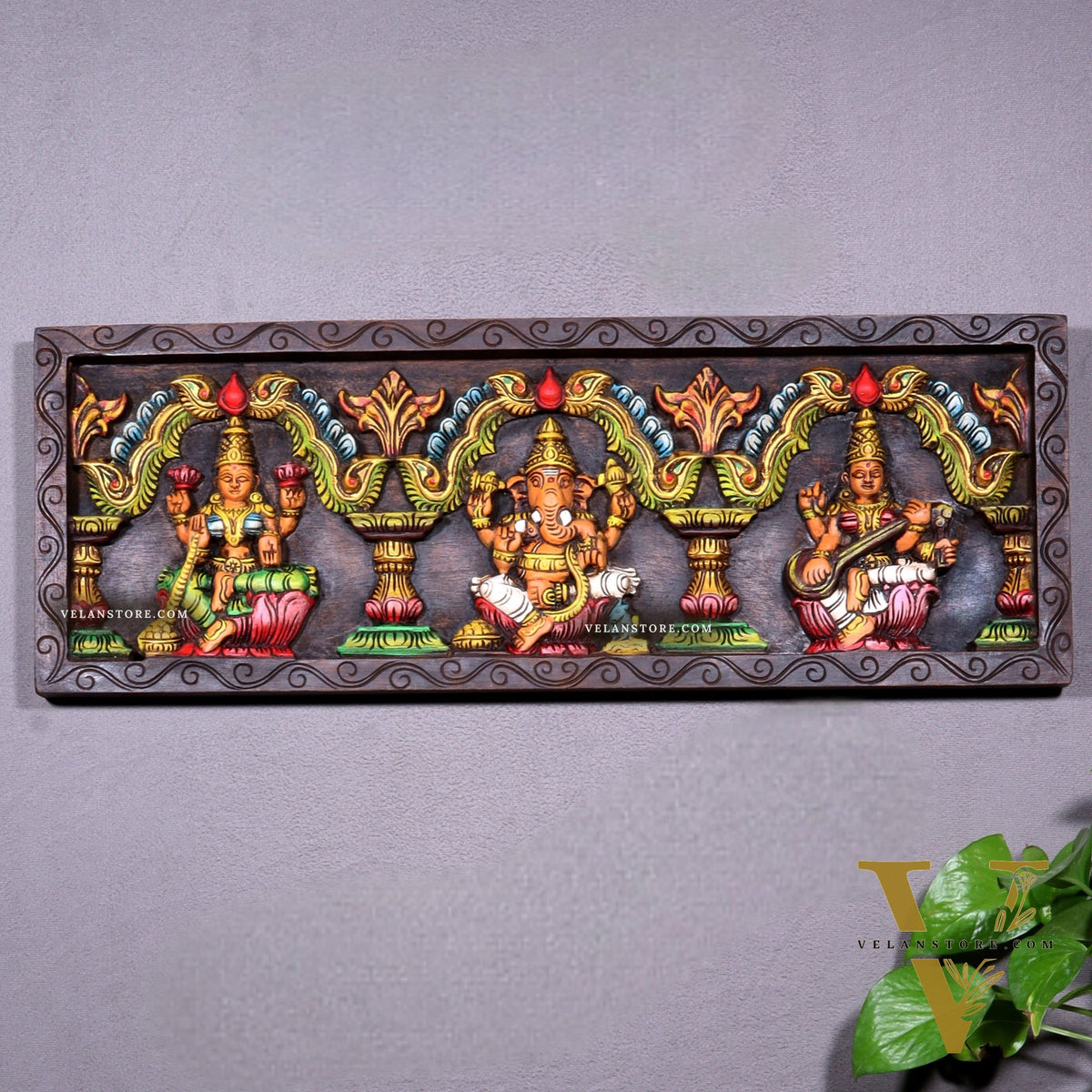 Hand-Painted Wooden Ganesha Lakshmi Saraswati Horizontal Wall Hanging – 24 Inch