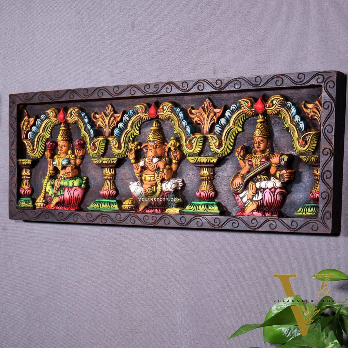 Hand-Painted Wooden Ganesha Lakshmi Saraswati Horizontal Wall Hanging – 24 Inch