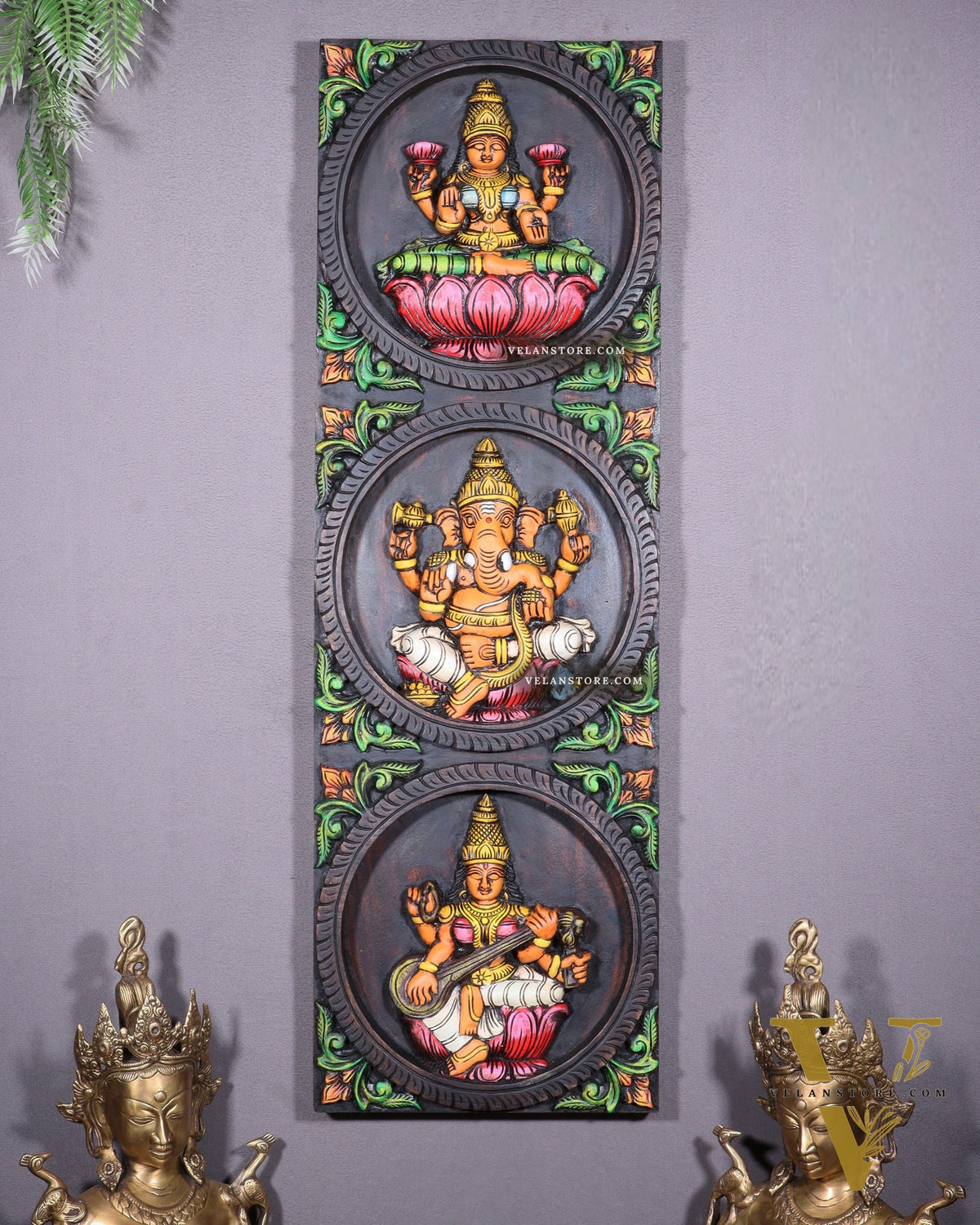 Hand-Painted Wooden Ganesha Lakshmi Saraswati Wall Hanging – 36 Inch