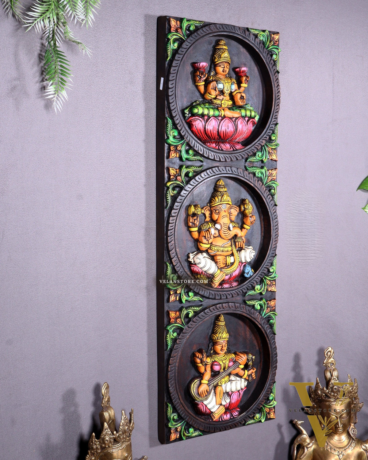 Hand-Painted Wooden Ganesha Lakshmi Saraswati Wall Hanging – 36 Inch