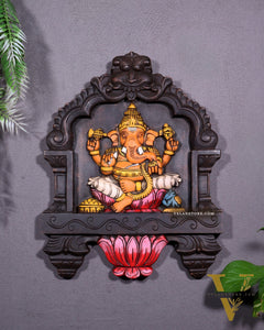 Hand-Painted Wooden Ganesha Wall Hanging with Lotus – 15 Inch