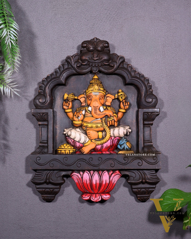Hand-Painted Wooden Ganesha Wall Hanging with Lotus – 15 Inch