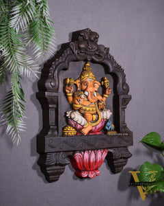 Hand-Painted Wooden Ganesha Wall Hanging with Lotus – 15 Inch