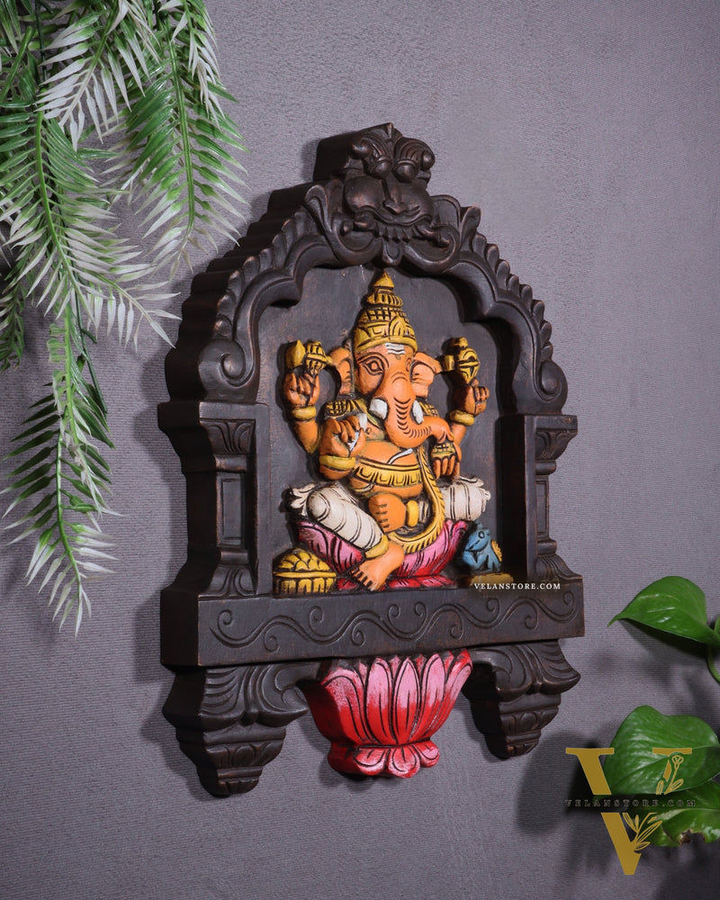Hand-Painted Wooden Ganesha Wall Hanging with Lotus – 15 Inch