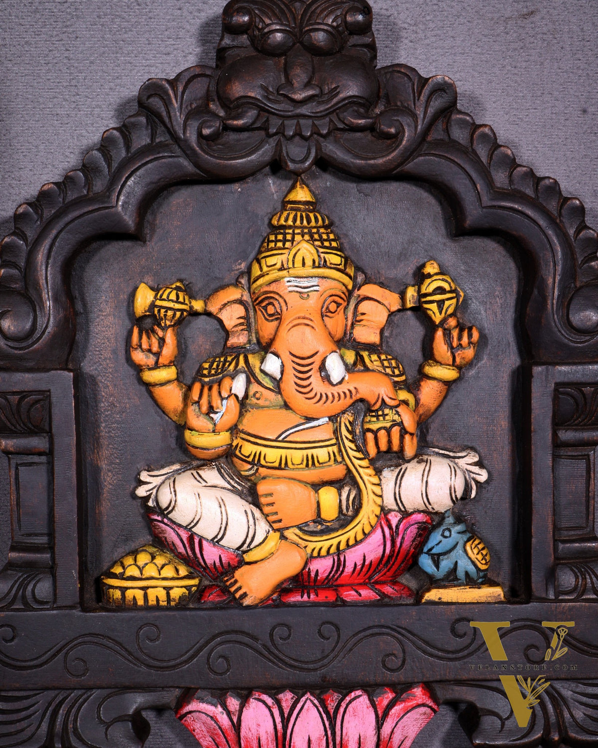 Hand-Painted Wooden Ganesha Wall Hanging with Lotus – 15 Inch