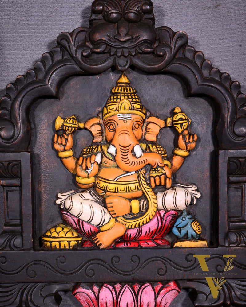 Hand-Painted Wooden Ganesha Wall Hanging with Lotus – 15 Inch