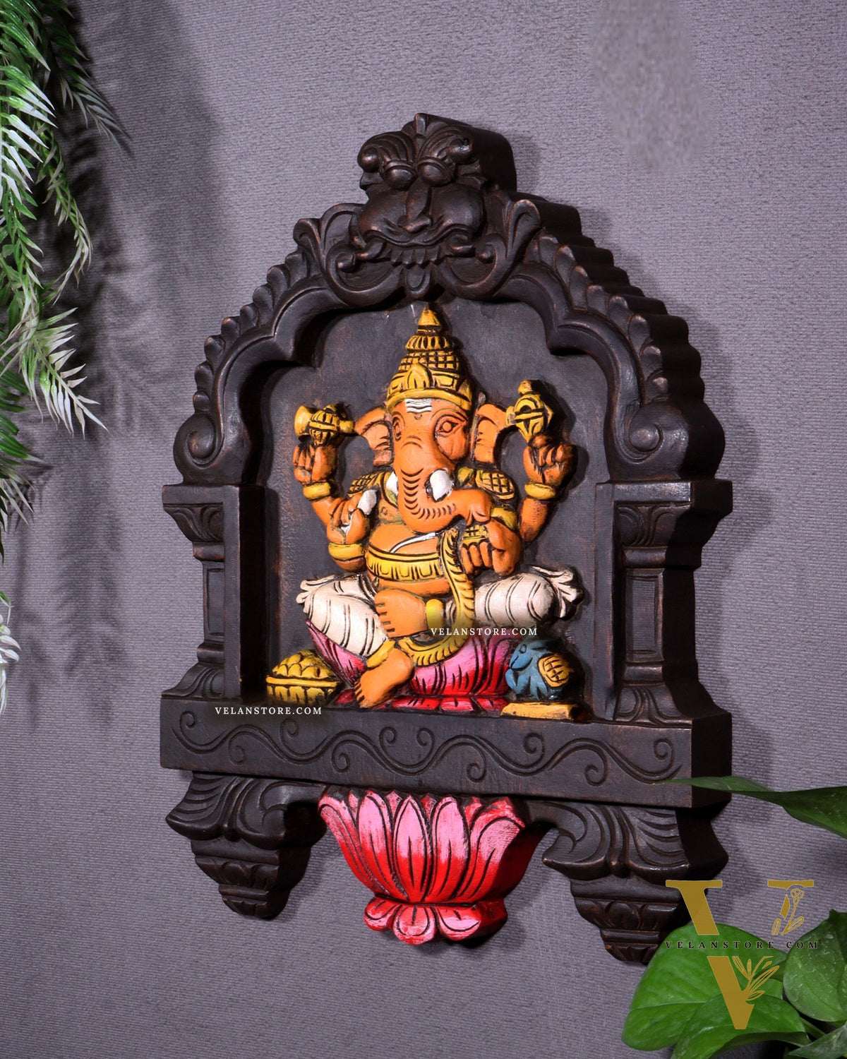 Hand-Painted Wooden Ganesha Wall Hanging with Lotus – 15 Inch