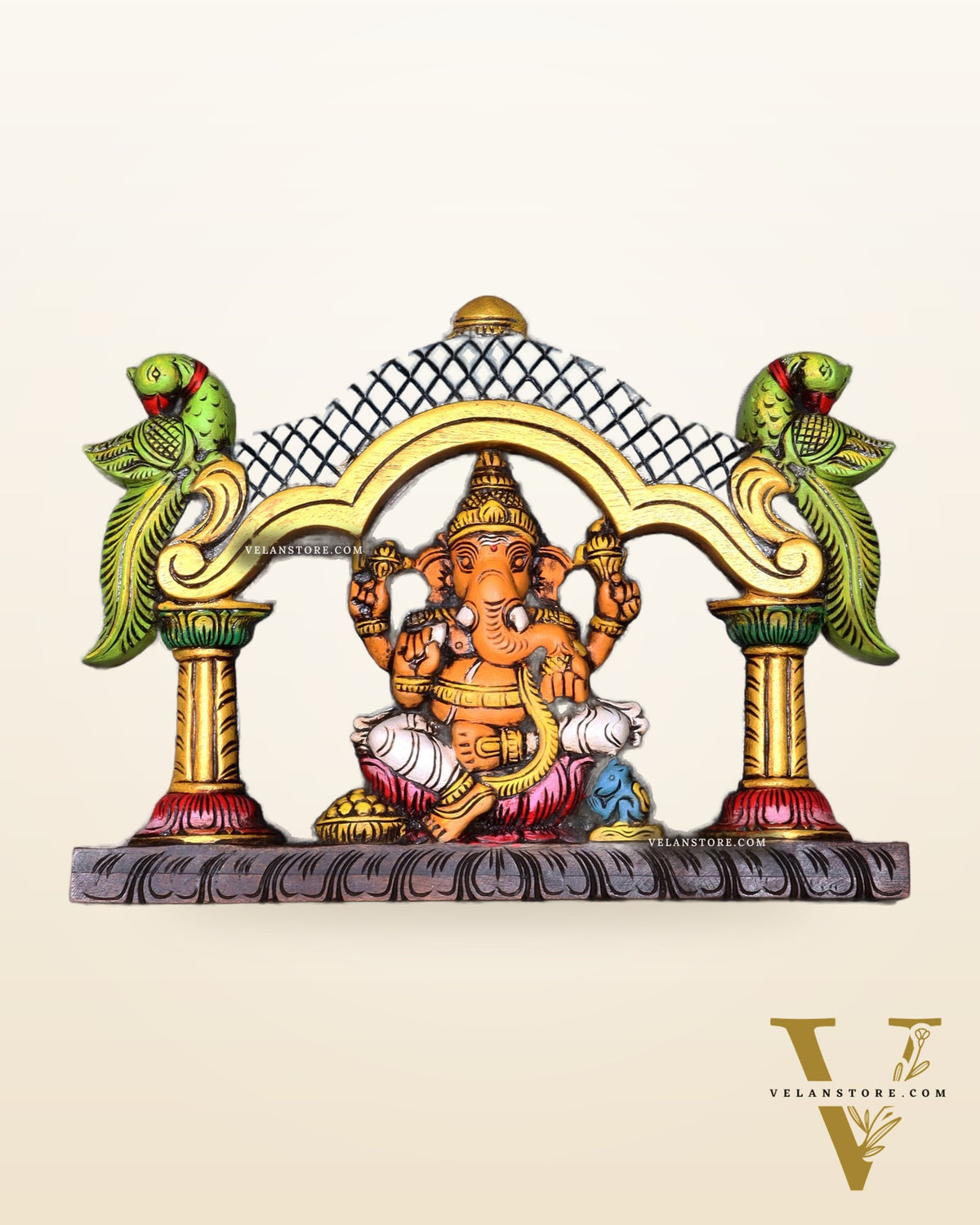 Hand-Painted Wooden Ganesha with Two Parrots Wall Hanging – 15.5 Inch