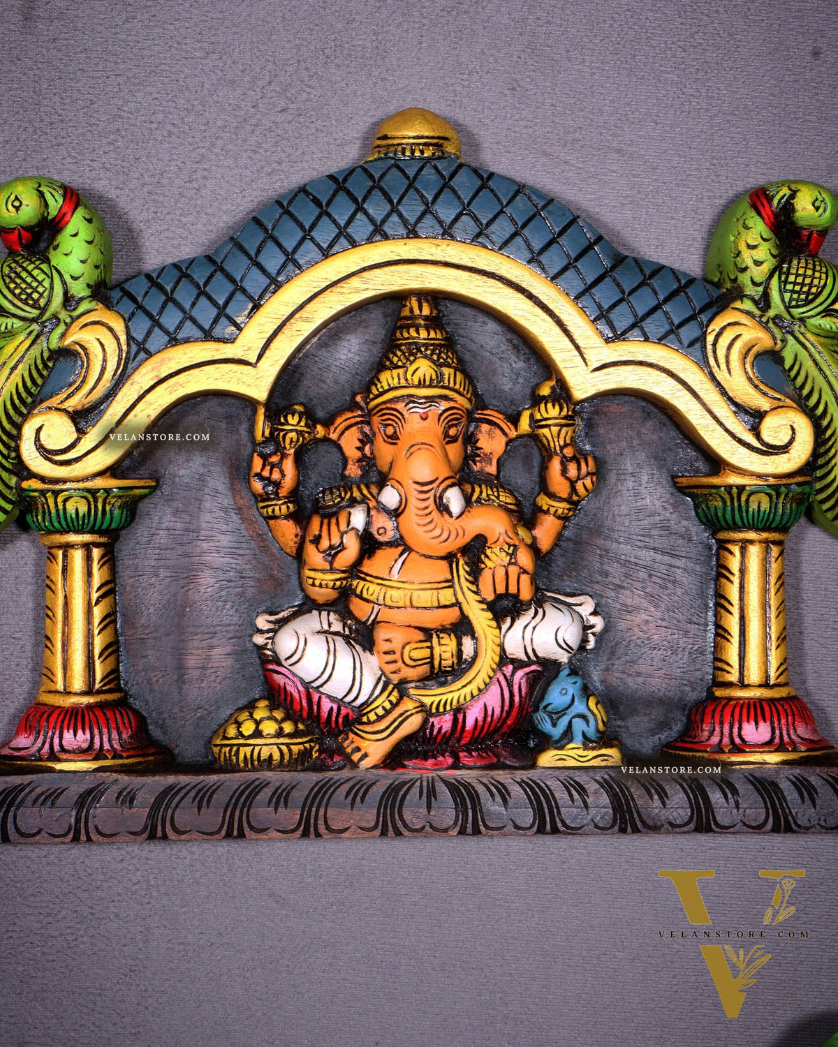 Hand-Painted Wooden Ganesha with Two Parrots Wall Hanging – 15.5 Inch