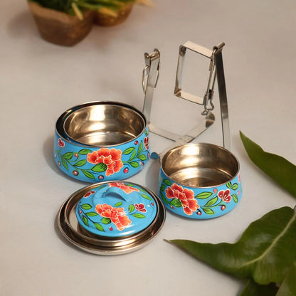 Shri-badri Hand Painted 3 Tier Steel Tiffin - Sky Blue