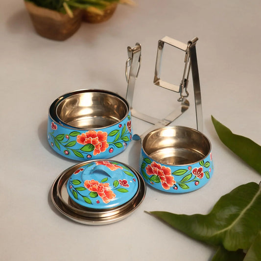 Shri-badri Hand Painted 3 Tier Steel Tiffin - Sky Blue