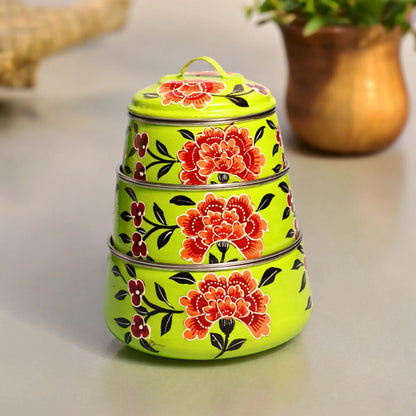 Shri-badri Hand Painted 3 Tier Steel Lunch Box - Green