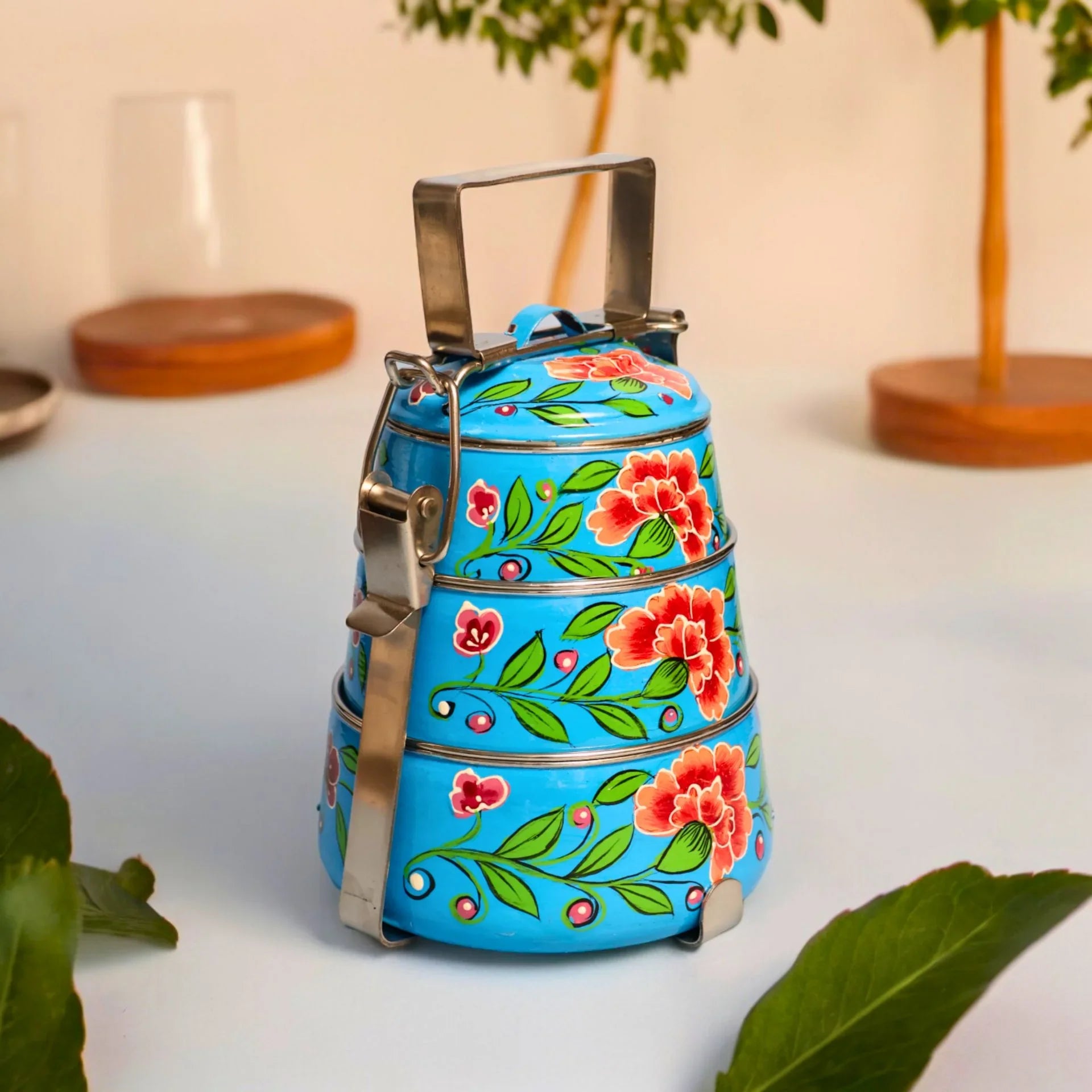 Shri-badri Hand Painted 3 Tier Steel Tiffin - Sky Blue