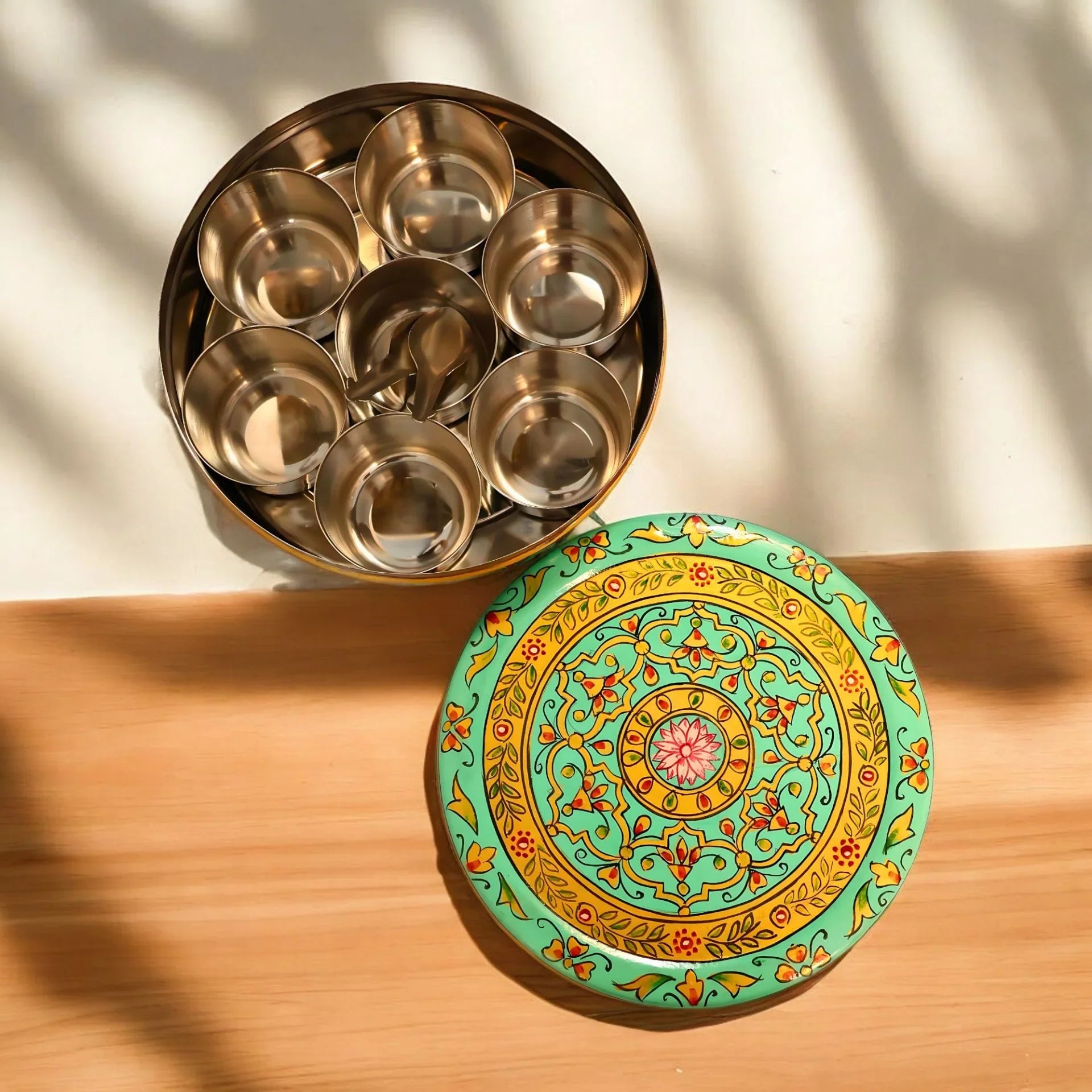 Hand Painted Spice Box With 7 Compartments- Beautiful Green Mandala Design