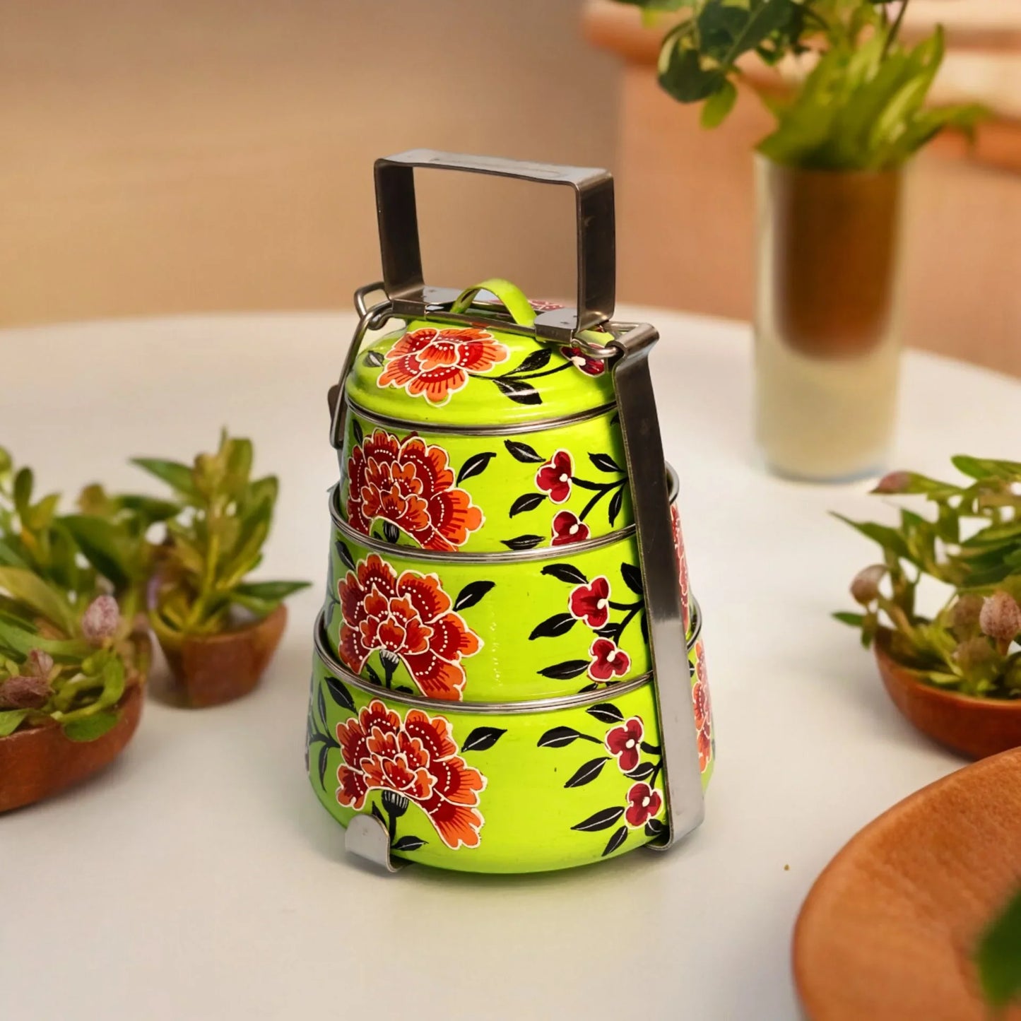 Shri-badri Hand Painted 3 Tier Steel Lunch Box - Green