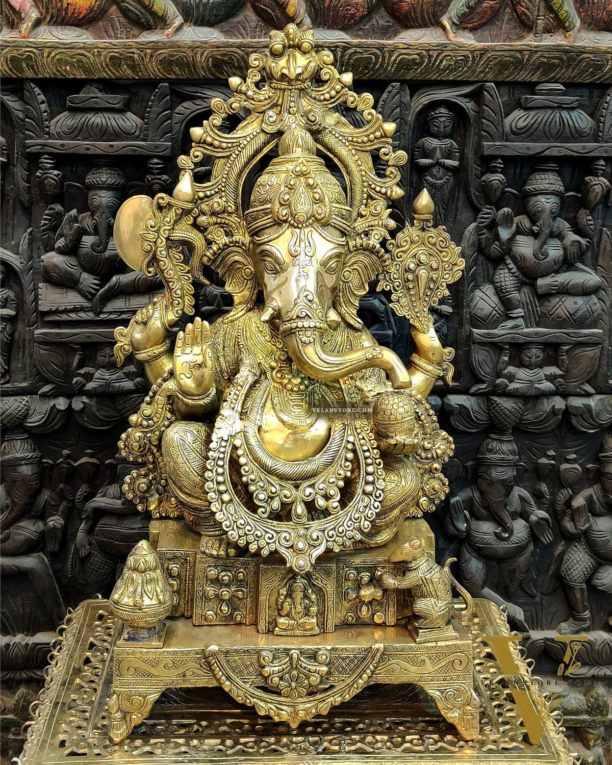 Handcarved Brass Ganesha Idol on Engraved Pedestal - 26.5-inch Tall