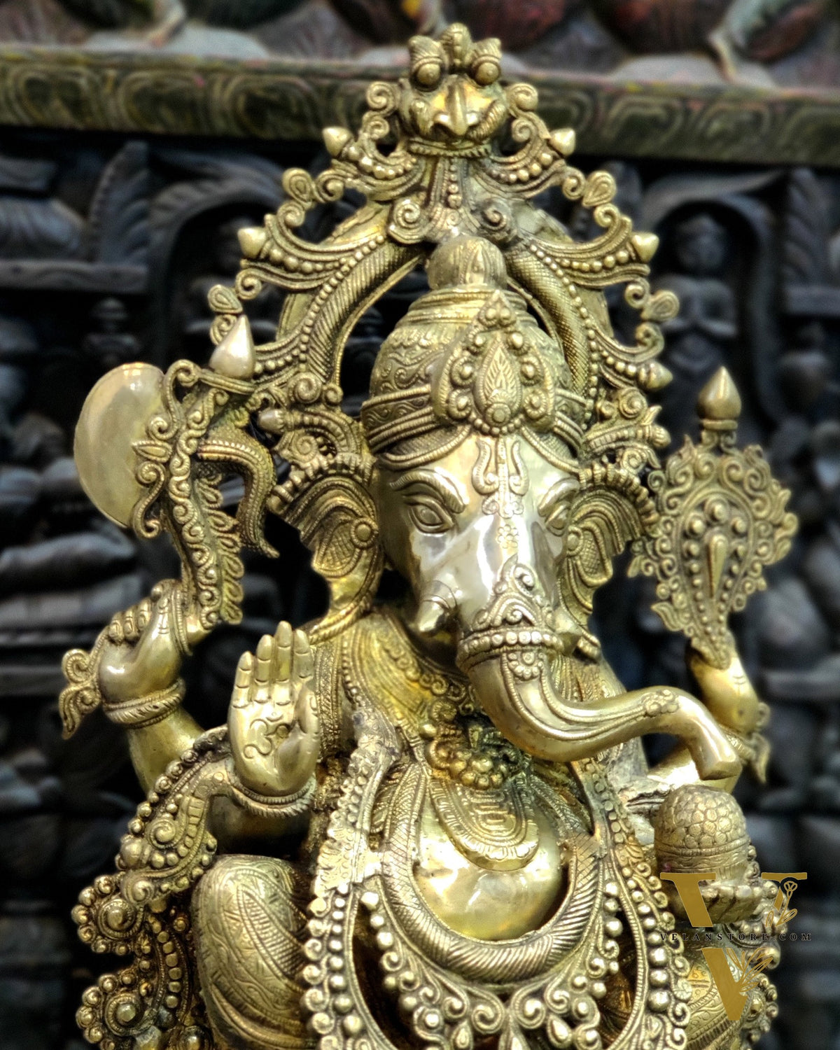 Handcarved Brass Ganesha Idol on Engraved Pedestal - 26.5-inch Tall