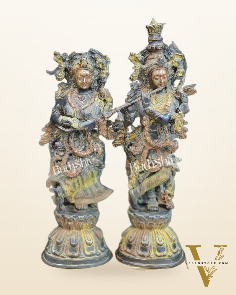 Handcrafted Antique Brass Radha Krishna Statue - 24" Height | Traditional Finish