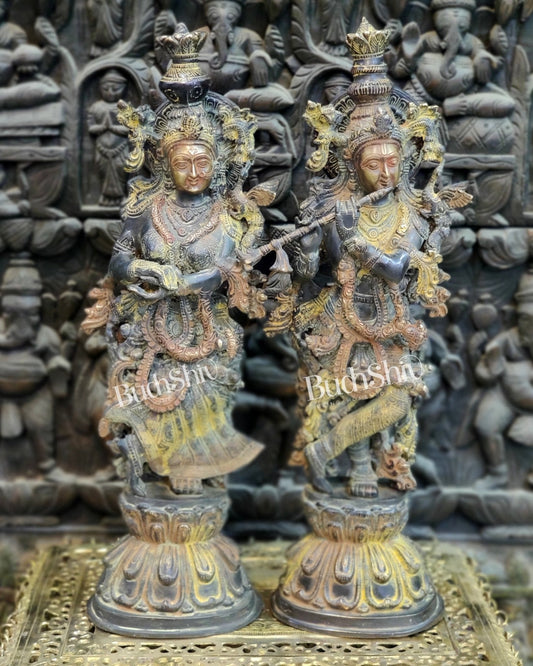 Handcrafted Antique Brass Radha Krishna Statue - 24" Height | Traditional Finish