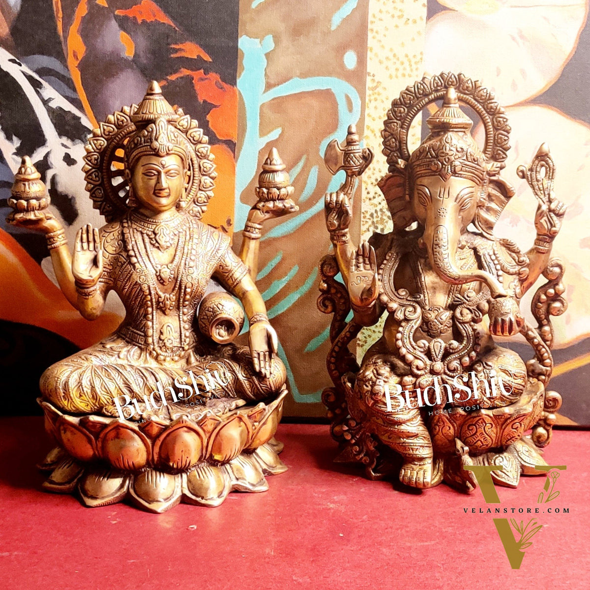Handcrafted Antique Finished Lord Ganesha and Goddess Lakshmi Brass Idols 12"
