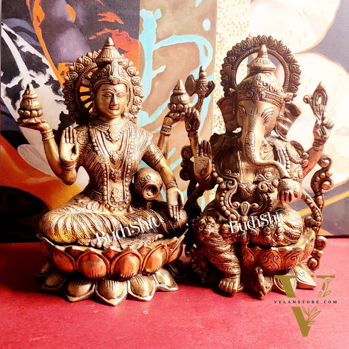 Handcrafted Antique Finished Lord Ganesha and Goddess Lakshmi Brass Idols 12"