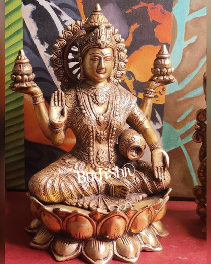 Handcrafted Antique Finished Lord Ganesha and Goddess Lakshmi Brass Idols 12"