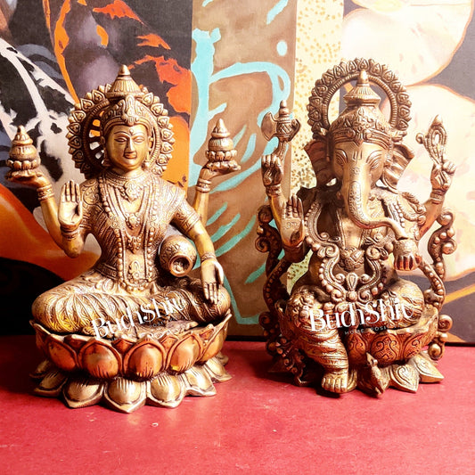 Handcrafted Antique Finished Lord Ganesha and Goddess Lakshmi Brass Idols 12"