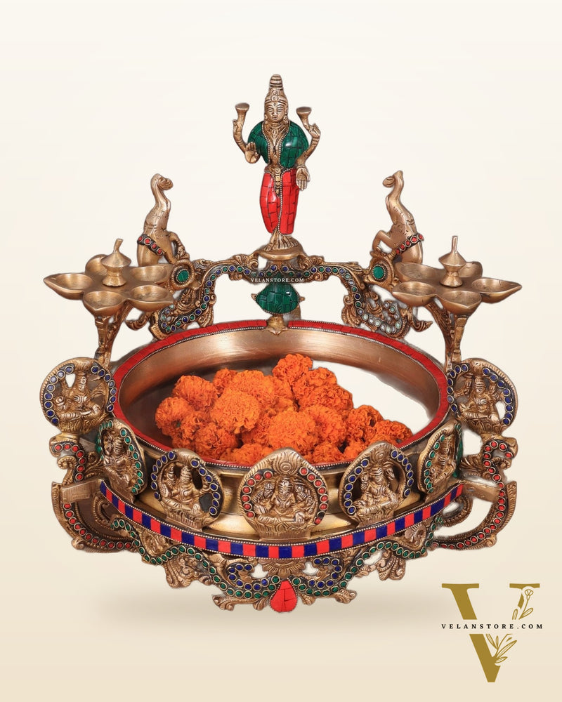 Handcrafted Ashtalakshmi Brass Urli with Diyas | Height: 16 Inch with stonework