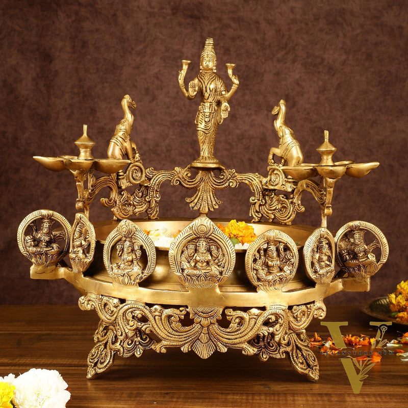 Handcrafted Ashtalakshmi Brass Urli with Diyas | Height: 16 Inch