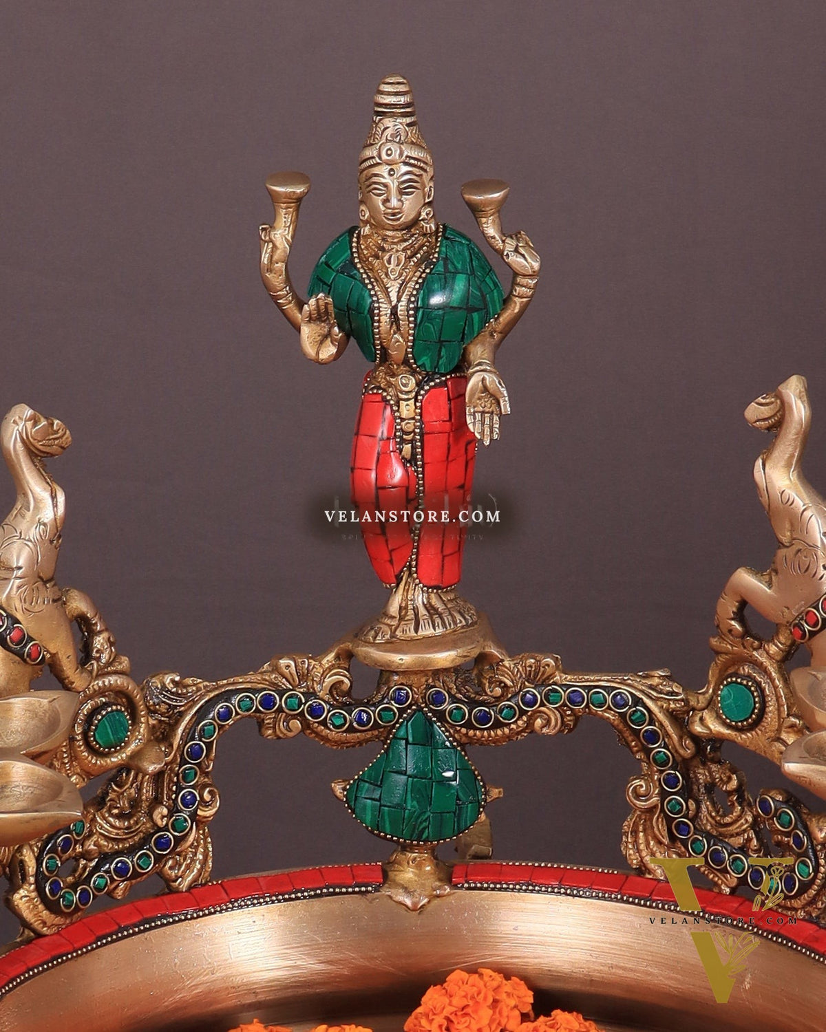 Handcrafted Ashtalakshmi Brass Urli with Diyas | Height: 16 Inch with stonework