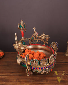 Handcrafted Ashtalakshmi Brass Urli with Diyas | Height: 16 Inch with stonework