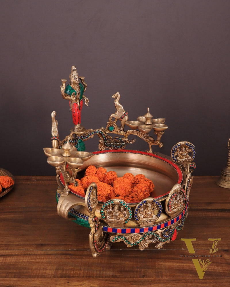 Handcrafted Ashtalakshmi Brass Urli with Diyas | Height: 16 Inch with stonework
