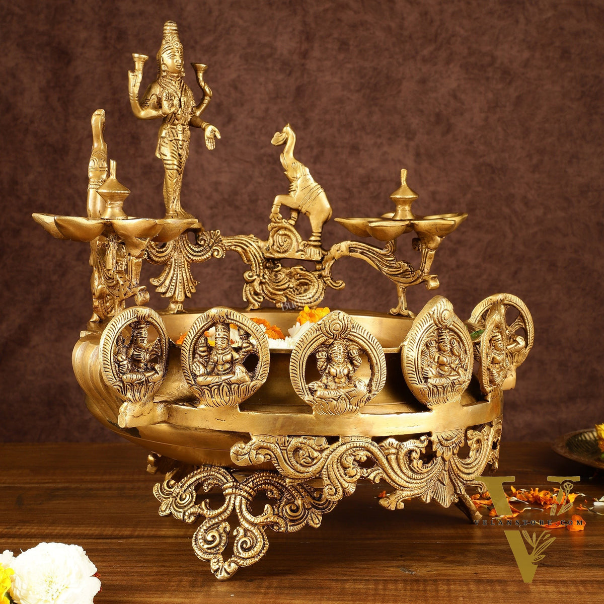 Handcrafted Ashtalakshmi Brass Urli with Diyas | Height: 16 Inch