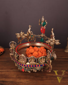 Handcrafted Ashtalakshmi Brass Urli with Diyas | Height: 16 Inch with stonework
