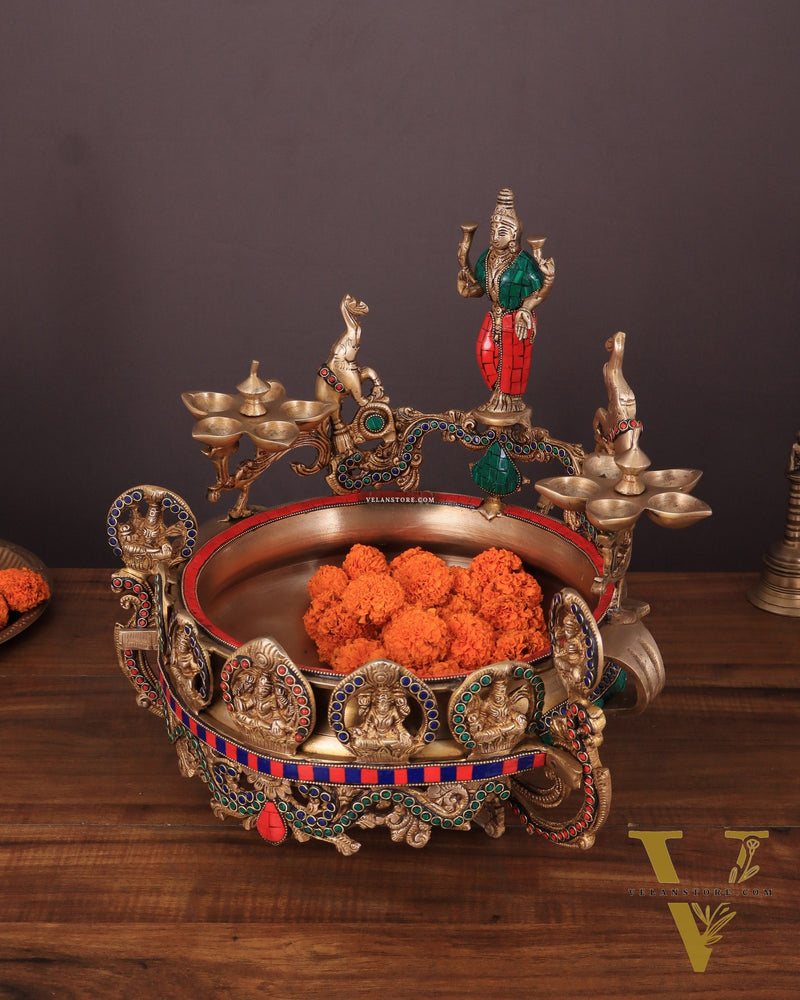 Handcrafted Ashtalakshmi Brass Urli with Diyas | Height: 16 Inch with stonework